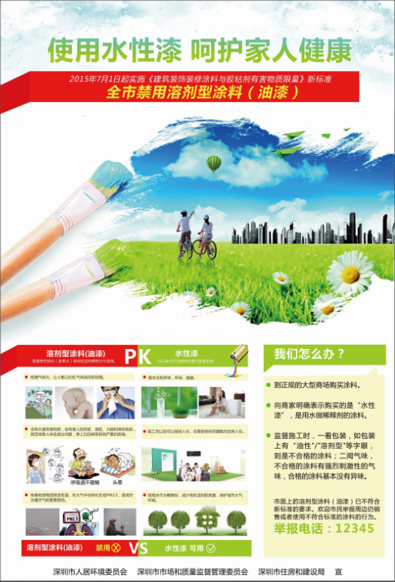 2015年7月1日起实施涂料新标准，全市禁用溶剂型涂料（油漆）